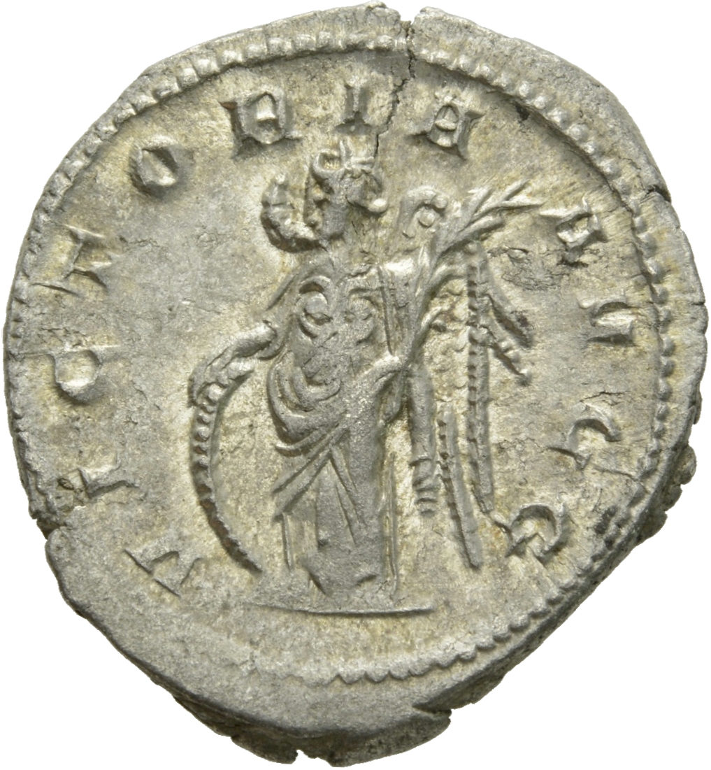 RIC V Valerian 127 Valerian reverse, Victory, winged, draped, standing left, resting right hand on shield and holding palm...