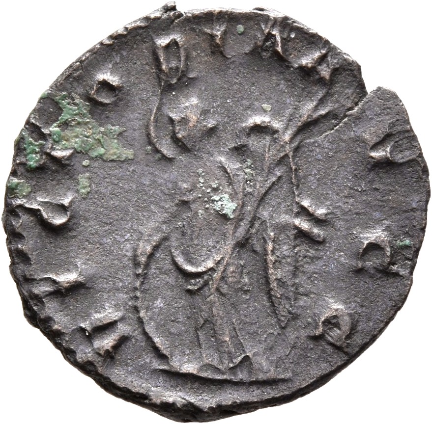 RIC V Valerian 128 Valerian reverse, Victory, winged, draped, standing left, resting right hand on shield and holding palm...