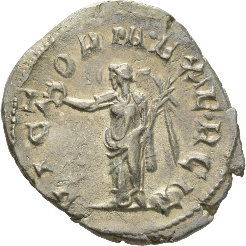 RIC V Valerian 131c Valerian reverse, Victory, winged, draped, standing left, holding wreath in right hand and palm in lef...