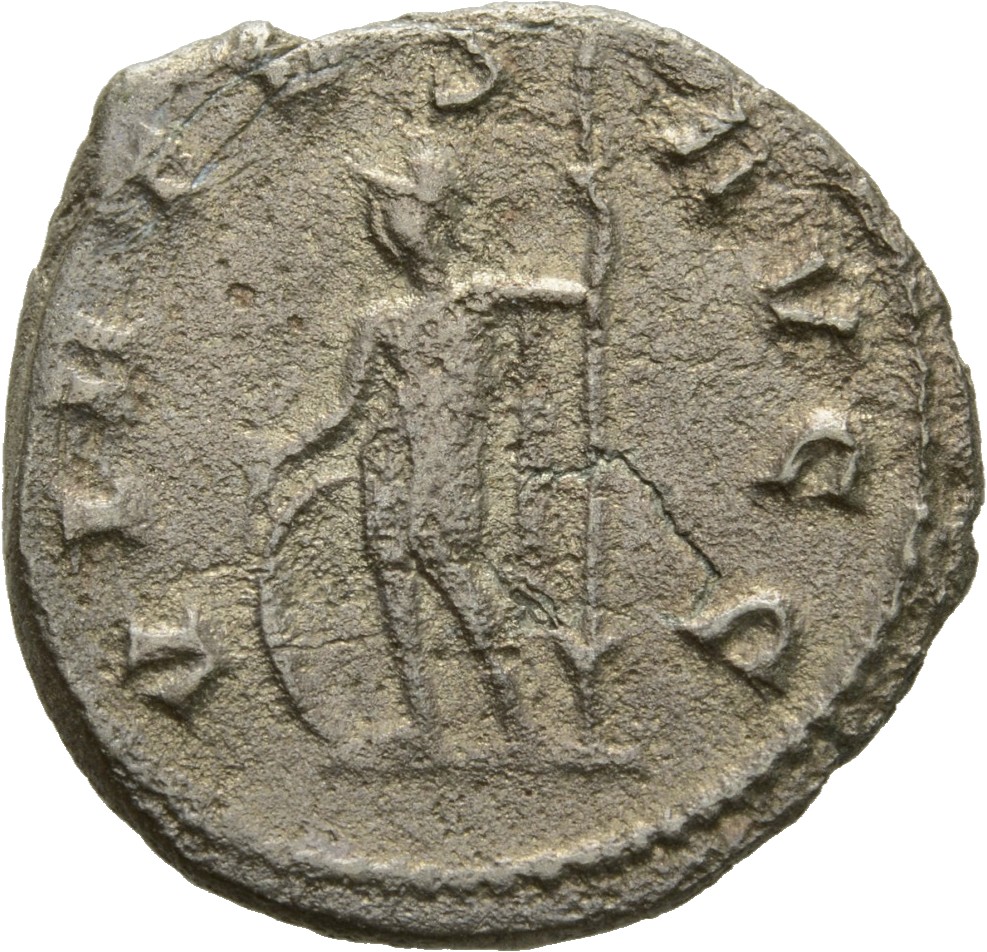RIC V Valerian 133 Valerian reverse, Soldier, helmeted, in military attire, standing left, resting on shield and holding a...