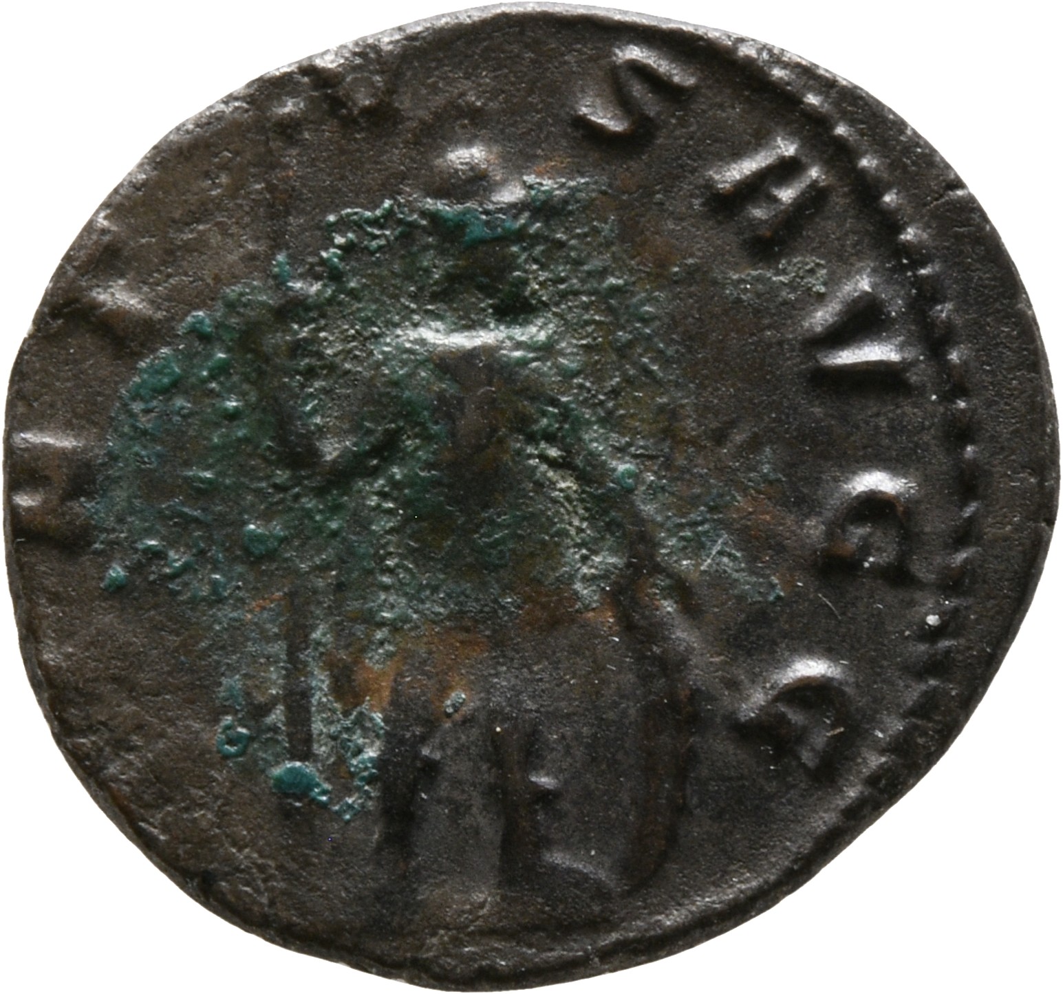 RIC V Valerian 135 Valerian reverse, Soldier, helmeted, in military attire, standing right, resting on shield and holding ...
