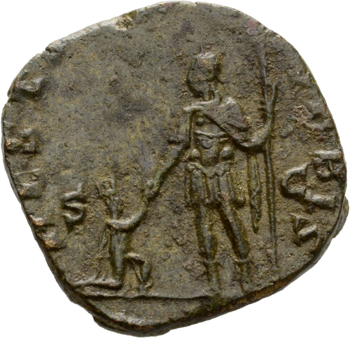 RIC V Valerian 171 Valerian reverse, Valerian, in military attire, standing left, raising kneeling woman with right hand a...