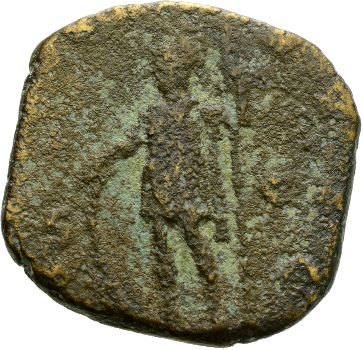 RIC V Valerian 182 Valerian reverse, Soldier, helmeted, in military attire, standing left, resting right hand on shield an...