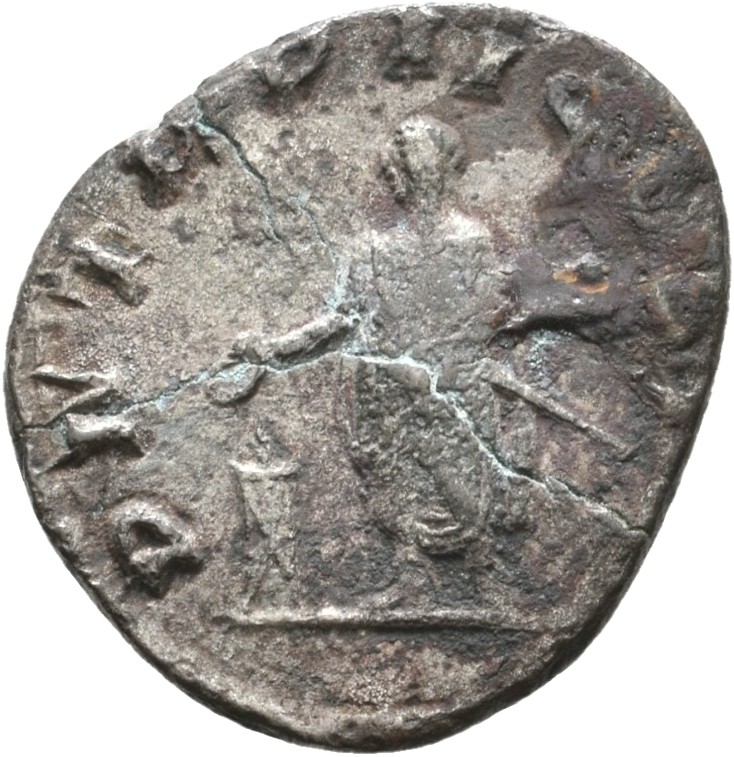 RIC V Valerian 208 Valerian reverse, Valerian, standing left, sacrificing out of patera in right hand at altar and holding...