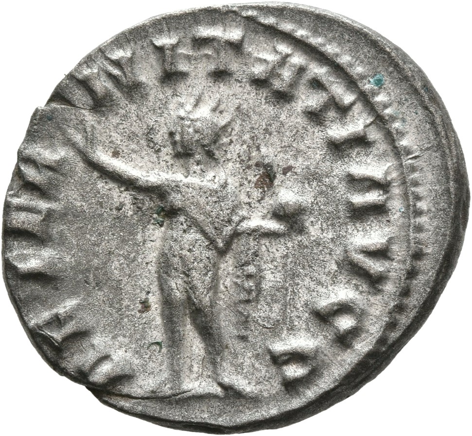 RIC V Valerian 211 Valerian reverse, Sol, radiate, nude except for cloak draped over shoulders, standing left, raising rig...