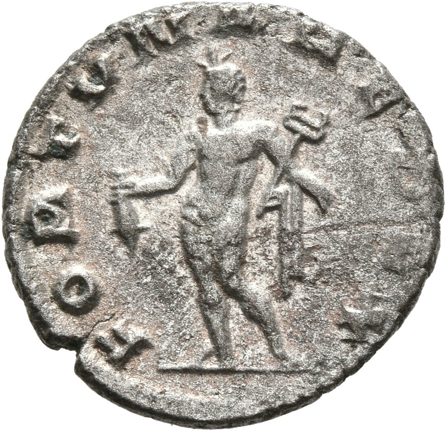 RIC V Valerian 214 Valerian reverse, Mercury, nude except for cloak draped over left shoulder, standing left, holding purs...