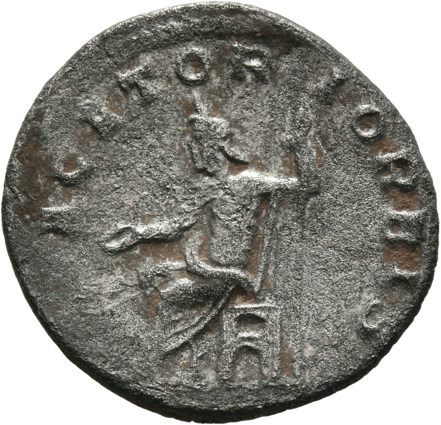 RIC V Valerian 218 Valerian reverse, Jupiter, nude, seated left, holding patera in right hand and sceptre in left hand; at...