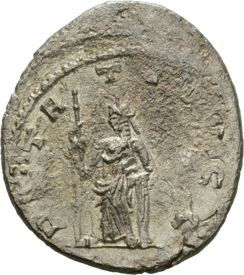 RIC V Valerian 219 Valerian reverse, Pietas, draped, standing left, leaning on column, holding sceptre in right hand