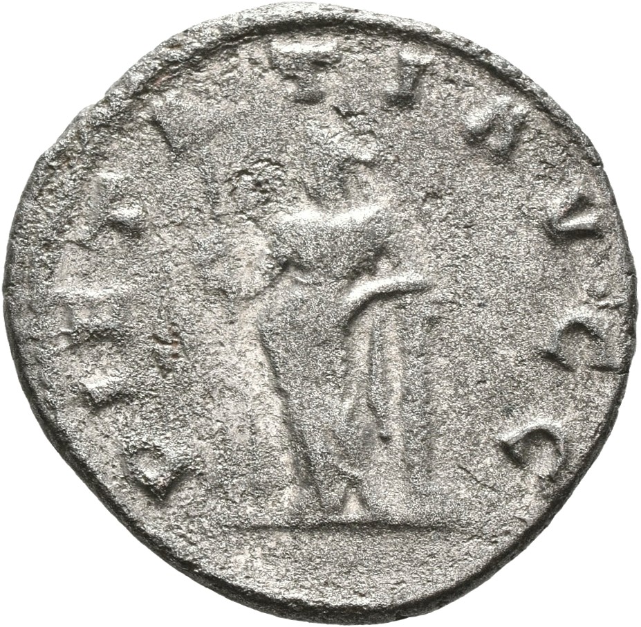 RIC V Valerian 219 Valerian reverse — Pietas, draped, standing left, leaning on column, holding sceptre in right hand