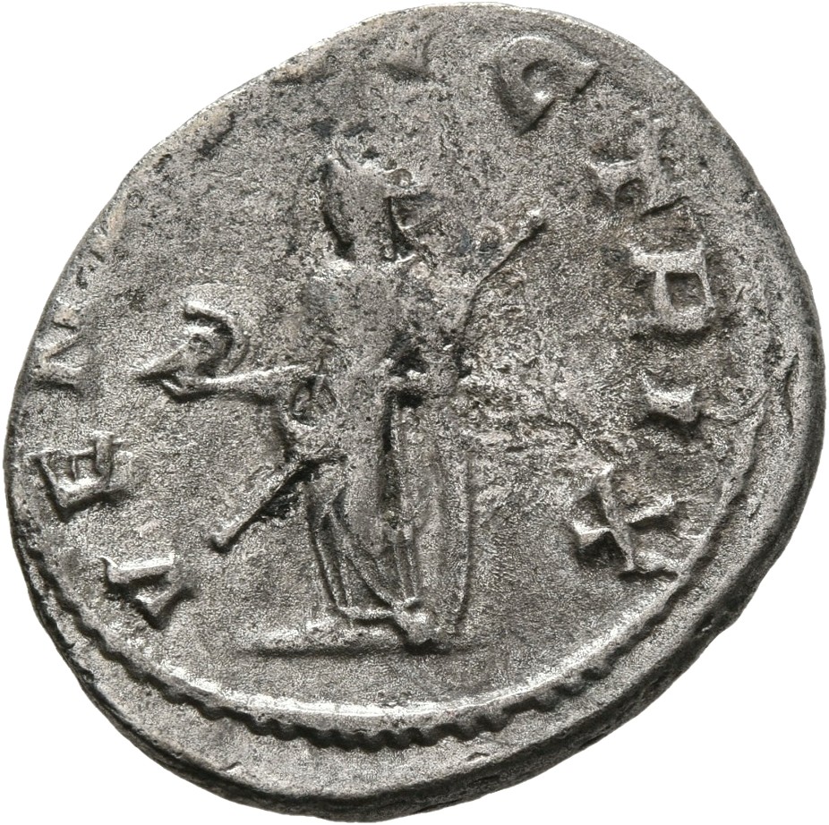 RIC V Valerian 222 Valerian reverse, Venus, draped, standing left, holding helmet in right hand and spear in left hand, le...