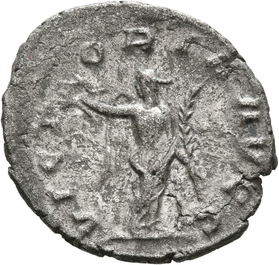 RIC V Valerian 224 Valerian reverse — Victory, winged, draped, standing left, holding wreath in right hand and palm in lef...