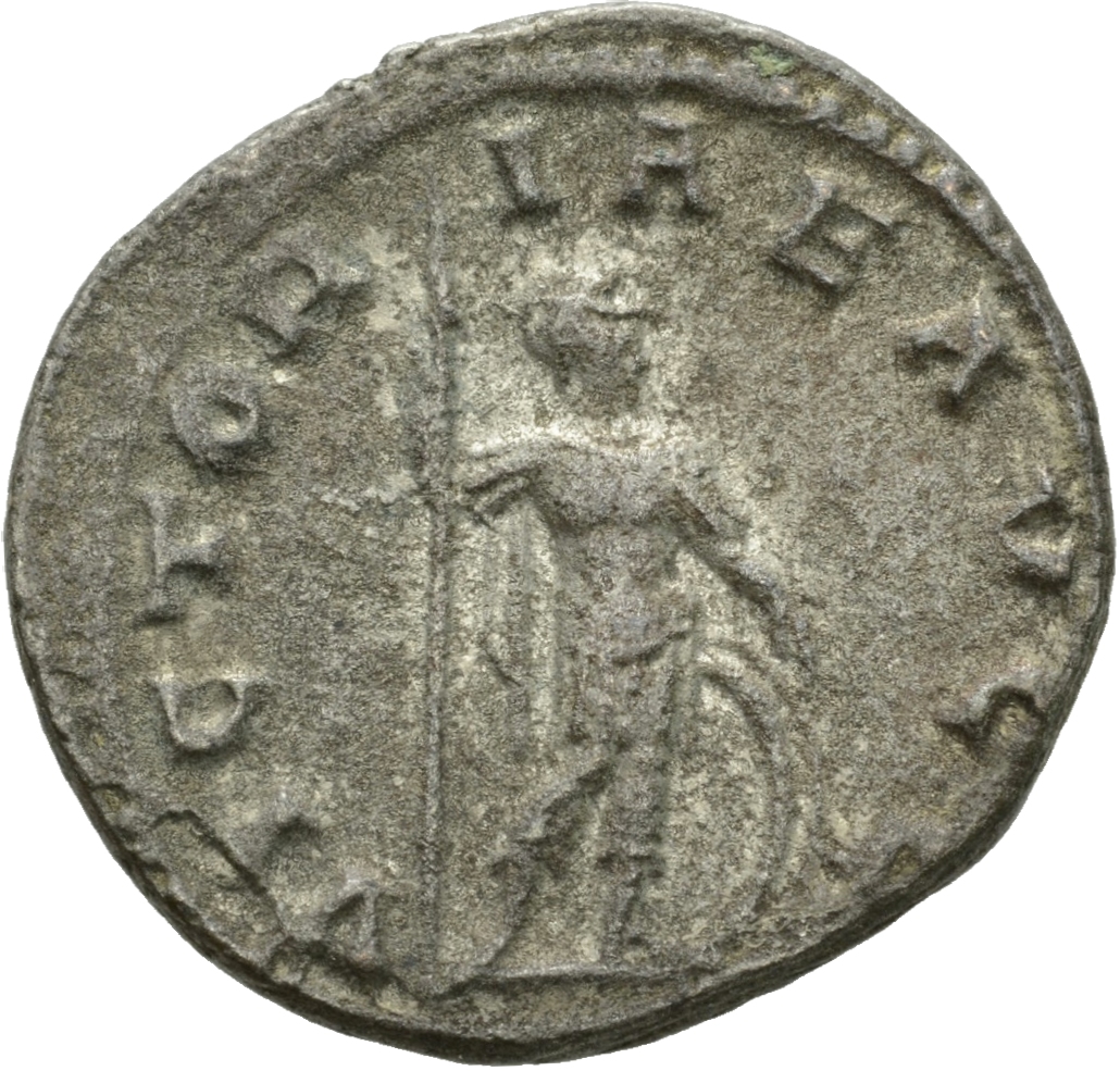 RIC V Valerian 225 Valerian reverse, Soldier, helmeted, in military attire, standing right, holding spear in right hand an...
