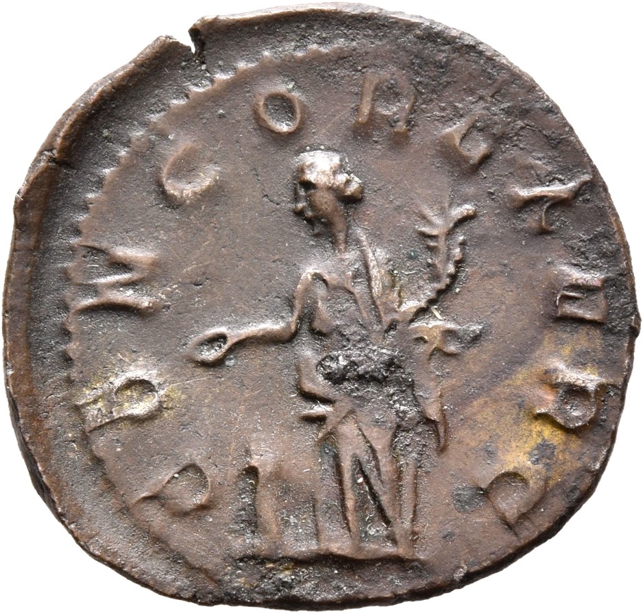 RIC V Valerian 233 Valerian reverse, Concordia, draped, standing left, sacrificing out of patera in right hand at altar an...