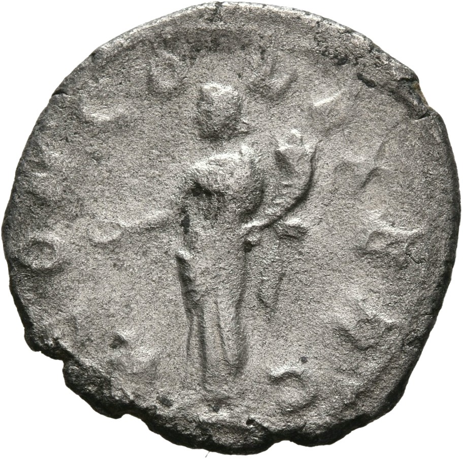 RIC V Valerian 233 Valerian reverse, Concordia, draped, standing left, sacrificing out of patera in right hand at altar an...