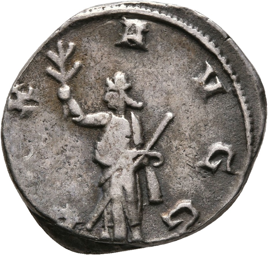 RIC V Valerian 245c Valerian reverse, Pax, draped, standing left, holding olive-branch in right hand and sceptre in left hand