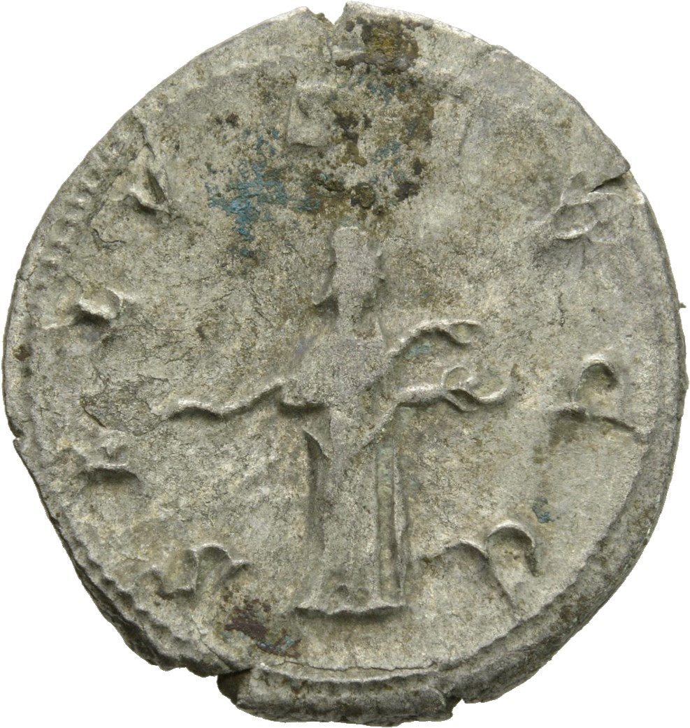 RIC V Valerian 253a Valerian reverse, Salus, draped, standing right, feeding serpent held in arms