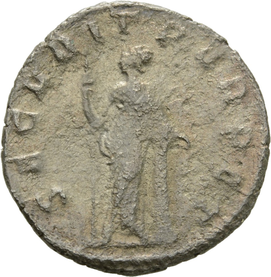 RIC V Valerian 256 Valerian reverse, Securitas, draped, standing left, leaning on column, holding spear in right hand