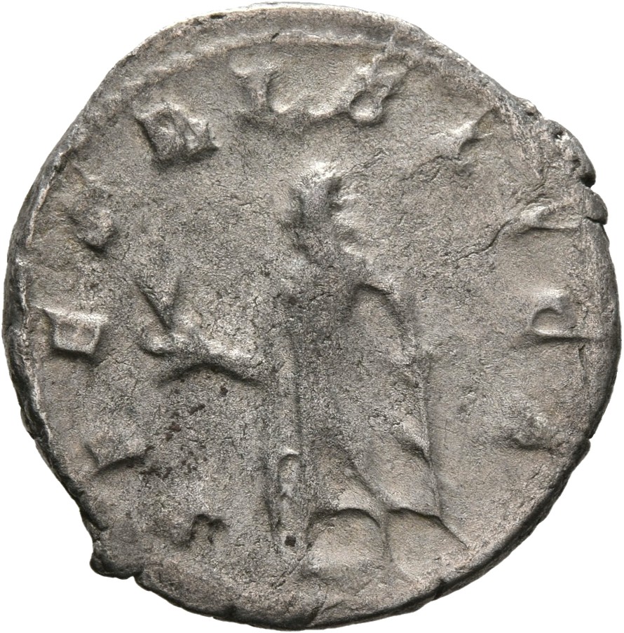 RIC V Valerian 257 Valerian reverse, Spes, draped, walking left, holding flower in right hand and raising robe with left hand