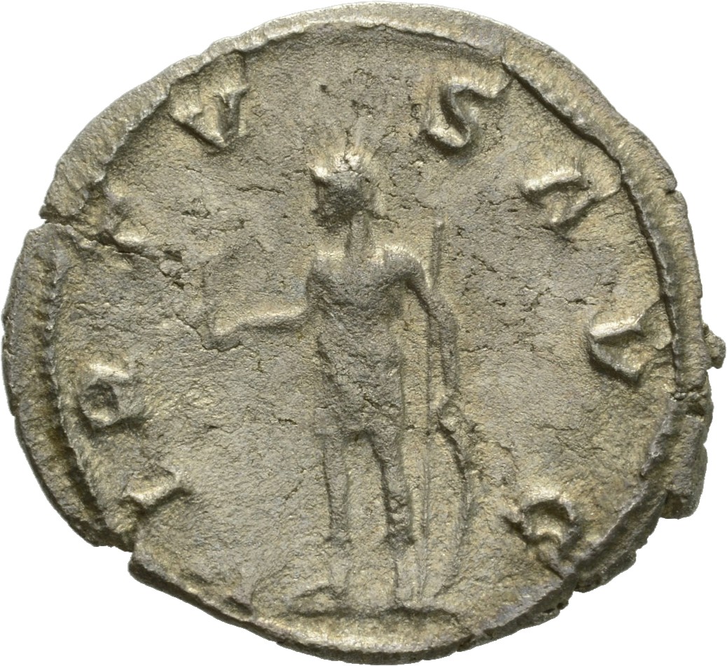 RIC V Valerian 266a Valerian reverse, Soldier, helmeted, in military attire, standing left, holding Victory in right hand ...