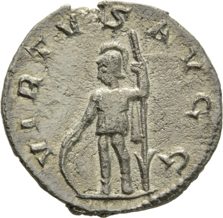 RIC V Valerian 271 Valerian reverse, Soldier, helmeted, in military attire, standing left, resting right hand on shield an...