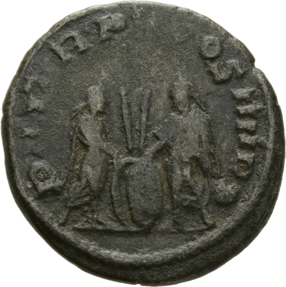 RIC V Valerian 277 Valerian reverse, Emperors, standing face to face; between them, shields and spear
