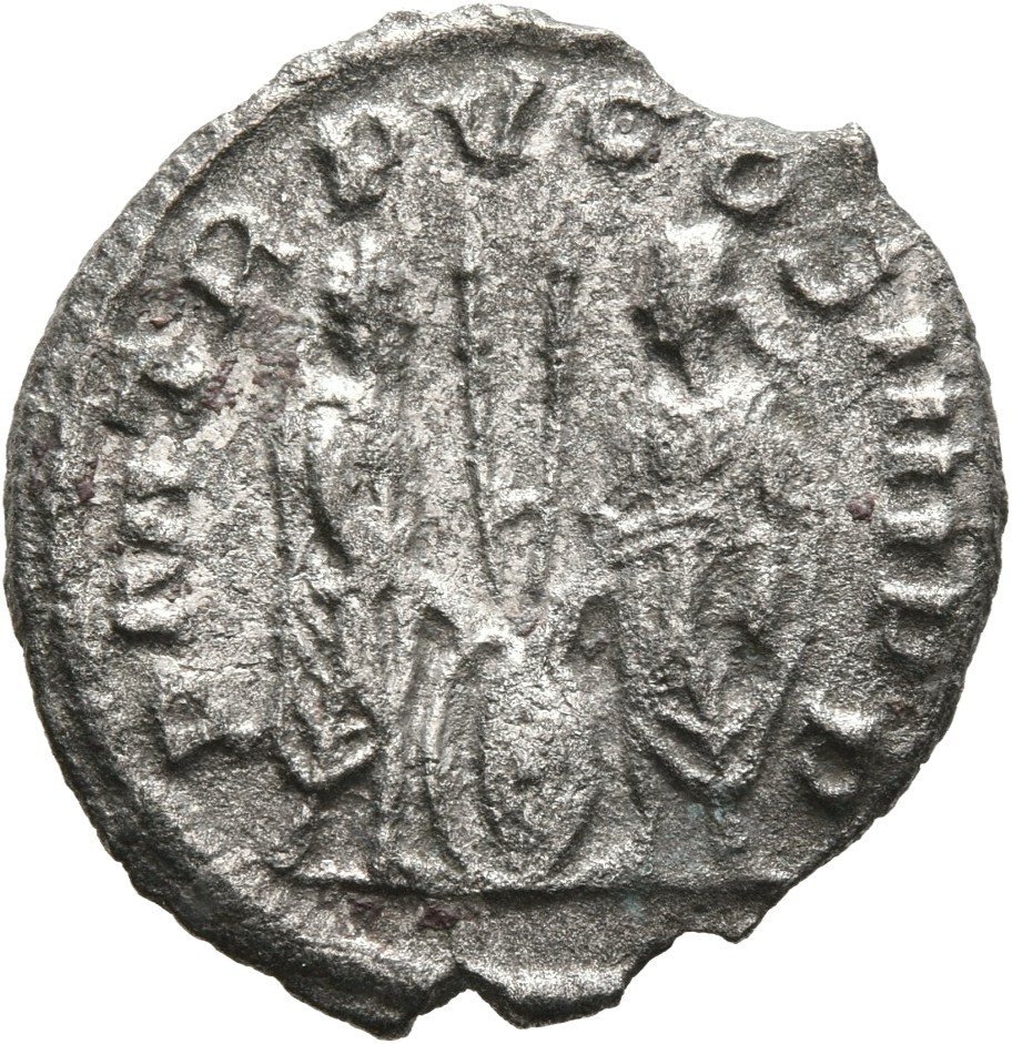 RIC V Valerian 277 Valerian reverse, Emperors, standing face to face; between them, shields and spear