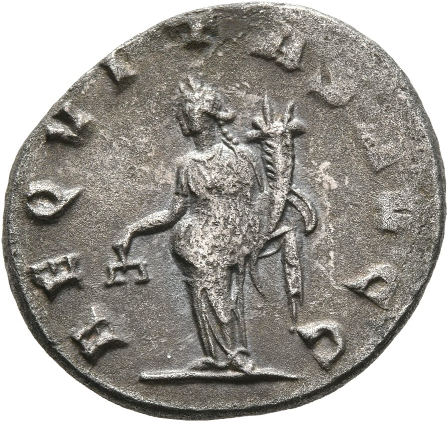 RIC V Valerian 278 Valerian reverse, Aequitas, draped, standing left, holding scales in right hand and cornucopiae in left...