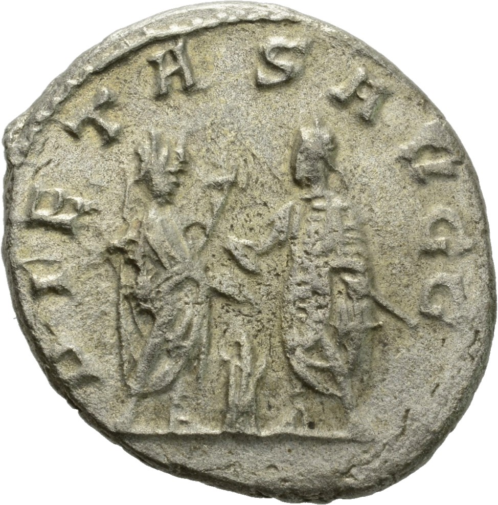 RIC V Valerian 284 Valerian reverse, Valerian and Gallienus, standing face to face, sacrificing at altar between them