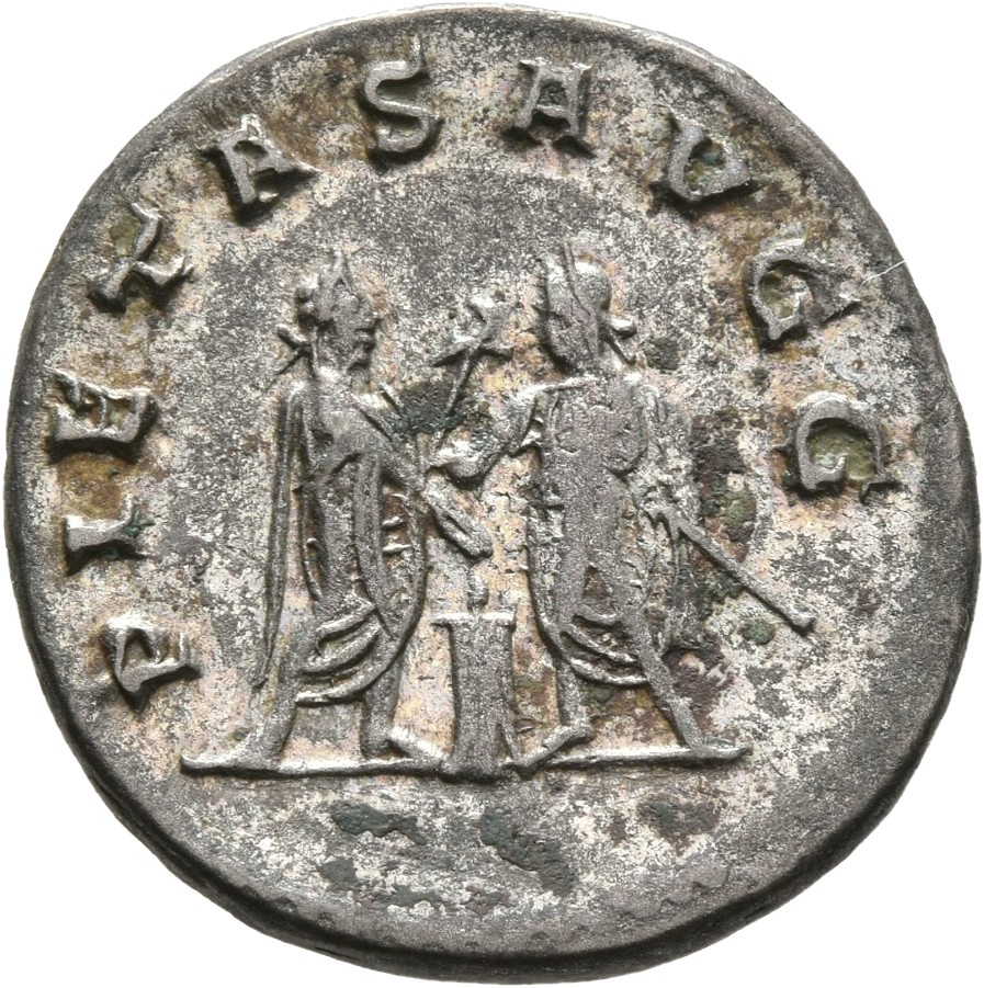 RIC V Valerian 284 Valerian reverse, Valerian and Gallienus, standing face to face, sacrificing at altar between them