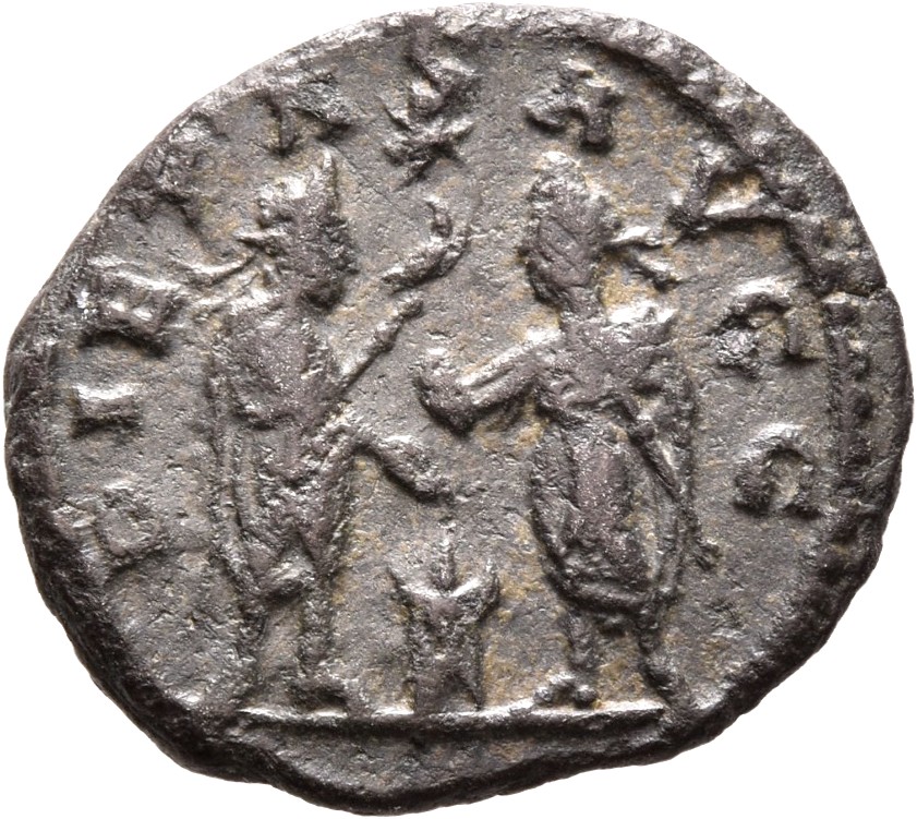 RIC V Valerian 285: Subtype 1 Valerian reverse, Valerian and Gallienus, standing face to face, sacrificing at altar betwee...