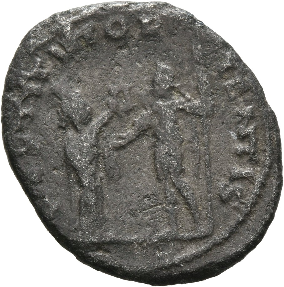 RIC V Valerian 286 Valerian reverse, Turreted woman (the Orient), draped, standing right, presenting wreath to emperor, st...