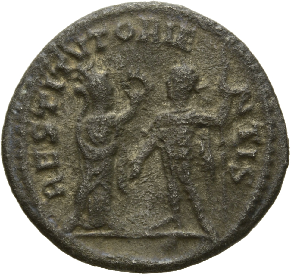RIC V Valerian 287 Valerian reverse, Turreted woman (the Orient), draped, standing right, presenting wreath to emperor, st...