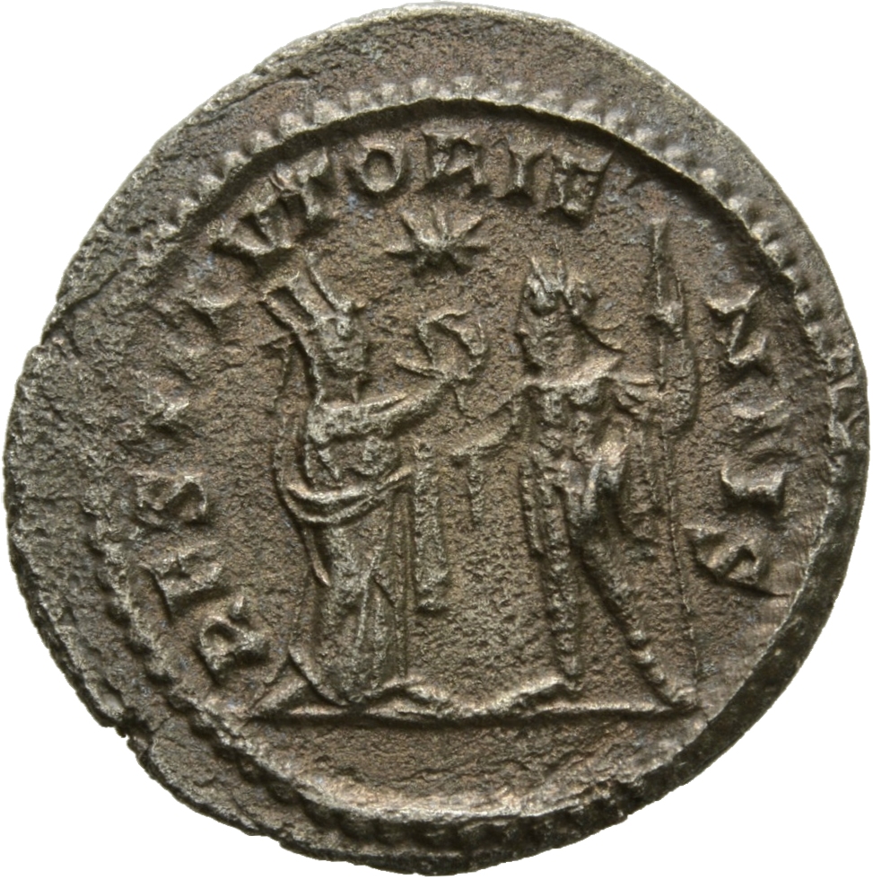 RIC V Valerian 287a: Subtype 1 Valerian reverse, Turreted woman (the Orient), draped, standing right, presenting wreath to...