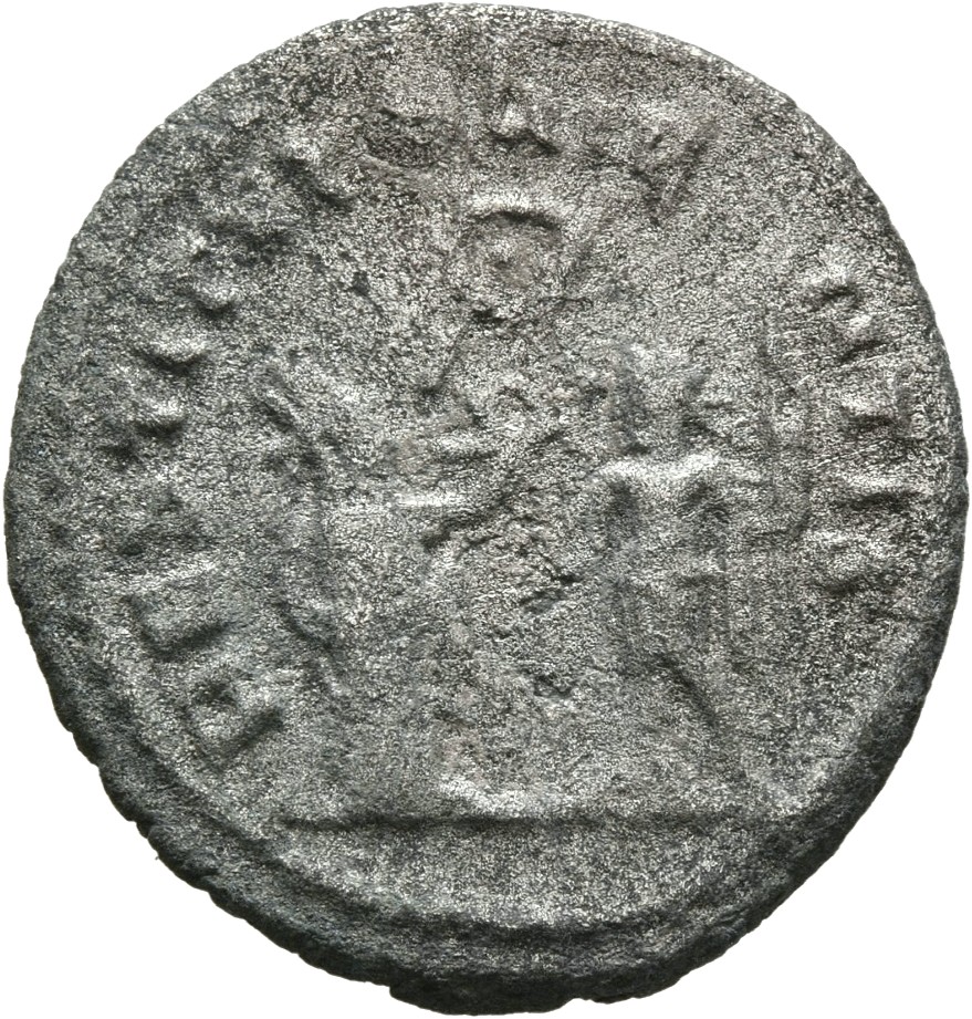 RIC V Valerian 287a: Subtype 3 Valerian reverse, Turreted woman (the Orient), draped, standing right, presenting wreath to...