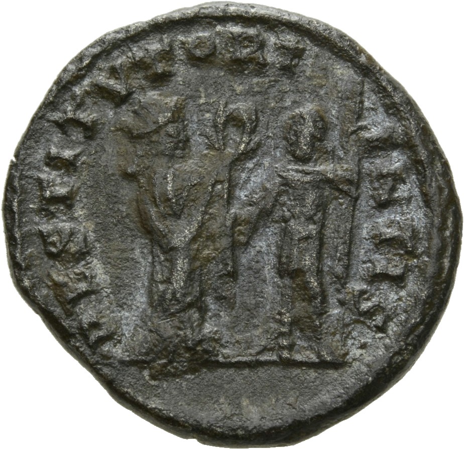 RIC V Valerian 287a Valerian reverse, Turreted woman (the Orient), draped, standing right, presenting wreath to emperor, s...