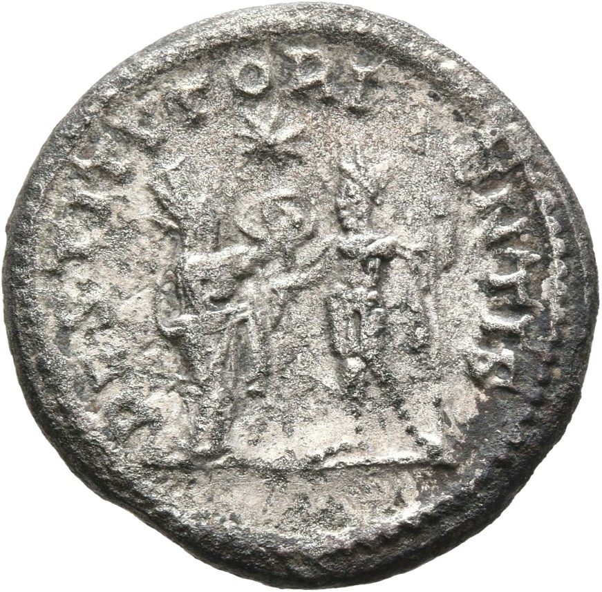 RIC V Valerian 287c: Subtype 1 Valerian reverse, Turreted woman (the Orient), draped, standing right, presenting wreath to...