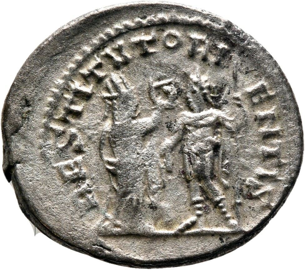 RIC V Valerian 287c Valerian reverse, Turreted woman (the Orient), draped, standing right, presenting wreath to emperor, s...