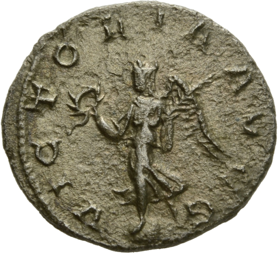 RIC V Valerian 288 Valerian reverse, Victory, winged, draped, standing left on globe, holding wreath in right hand and pal...