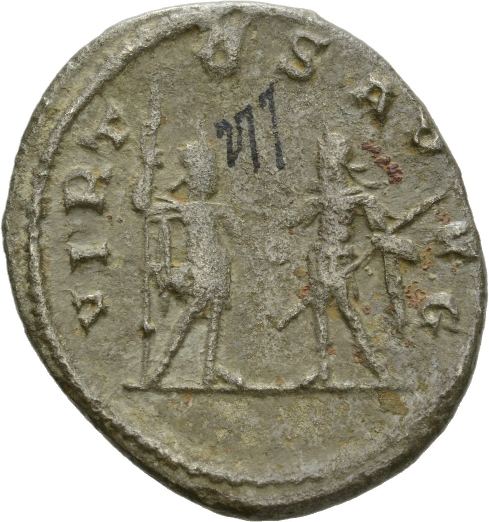 RIC V Valerian 292 Valerian reverse, Valerian and Gallienus, standing face to face, one holding a spear in right hand and ...