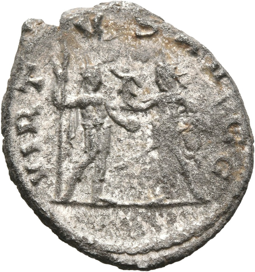 RIC V Valerian 292 Valerian reverse, Valerian and Gallienus, standing face to face, one holding a spear in right hand and ...