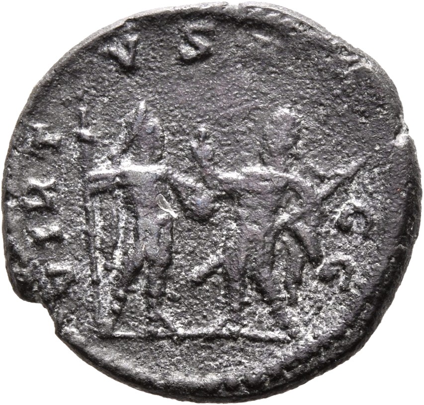 RIC V Valerian 293 Valerian reverse, Valerian and Gallienus, standing face to face, one holding a spear in right hand and ...