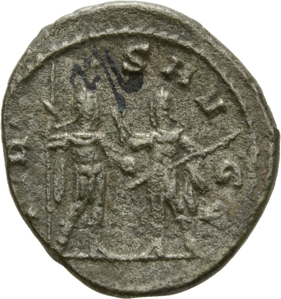 RIC V Valerian 293a Valerian reverse, Valerian and Gallienus, standing face to face, one holding a spear in right hand and...