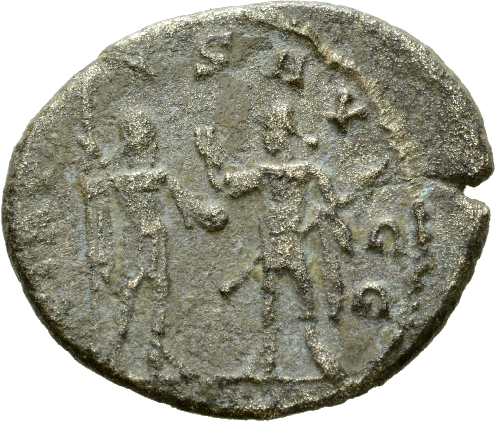 RIC V Valerian 293c Valerian reverse, Valerian and Gallienus, standing face to face, one holding a spear in right hand and...