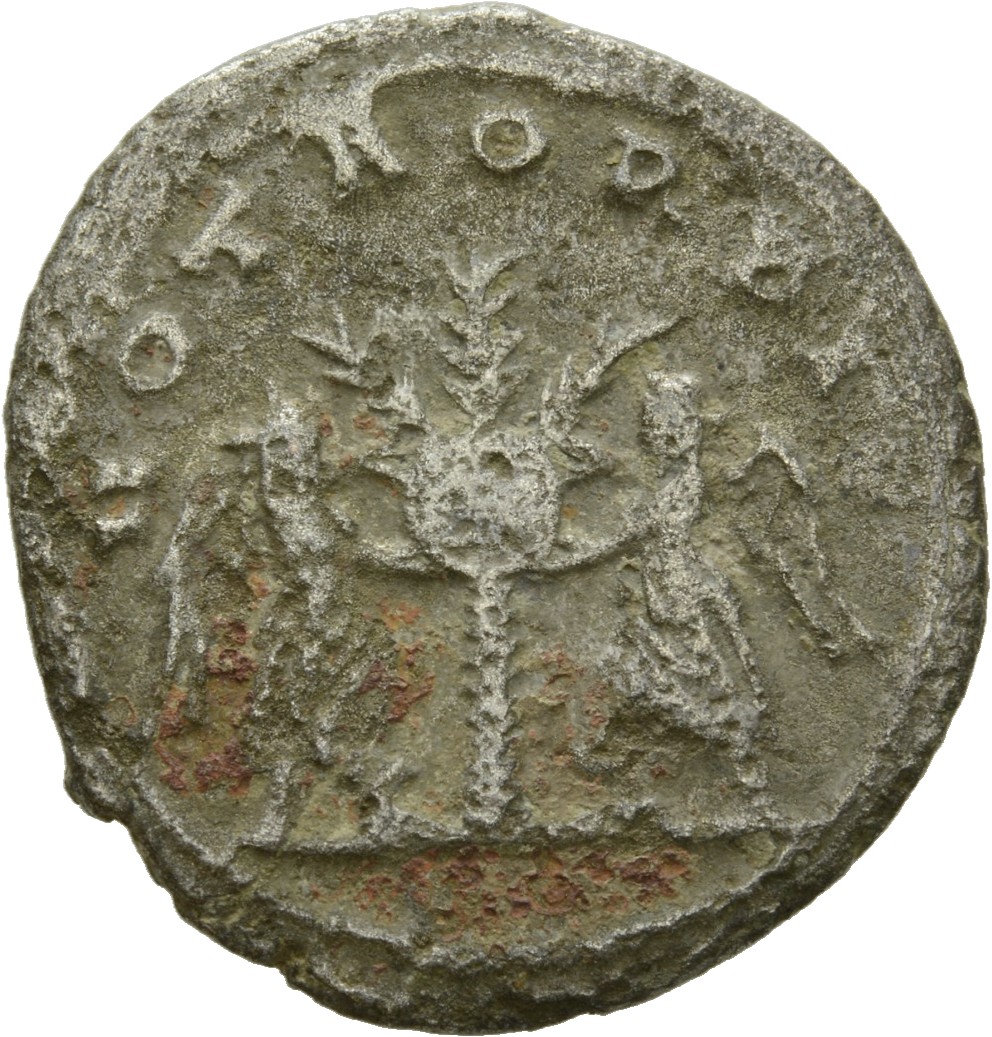 RIC V Valerian 294 Valerian reverse, Two Victories, winged, draped, affixing shield inscribed S C onto palm-tree