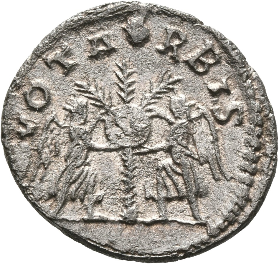 RIC V Valerian 294 Valerian reverse, Two Victories, winged, draped, affixing shield inscribed S C onto palm-tree