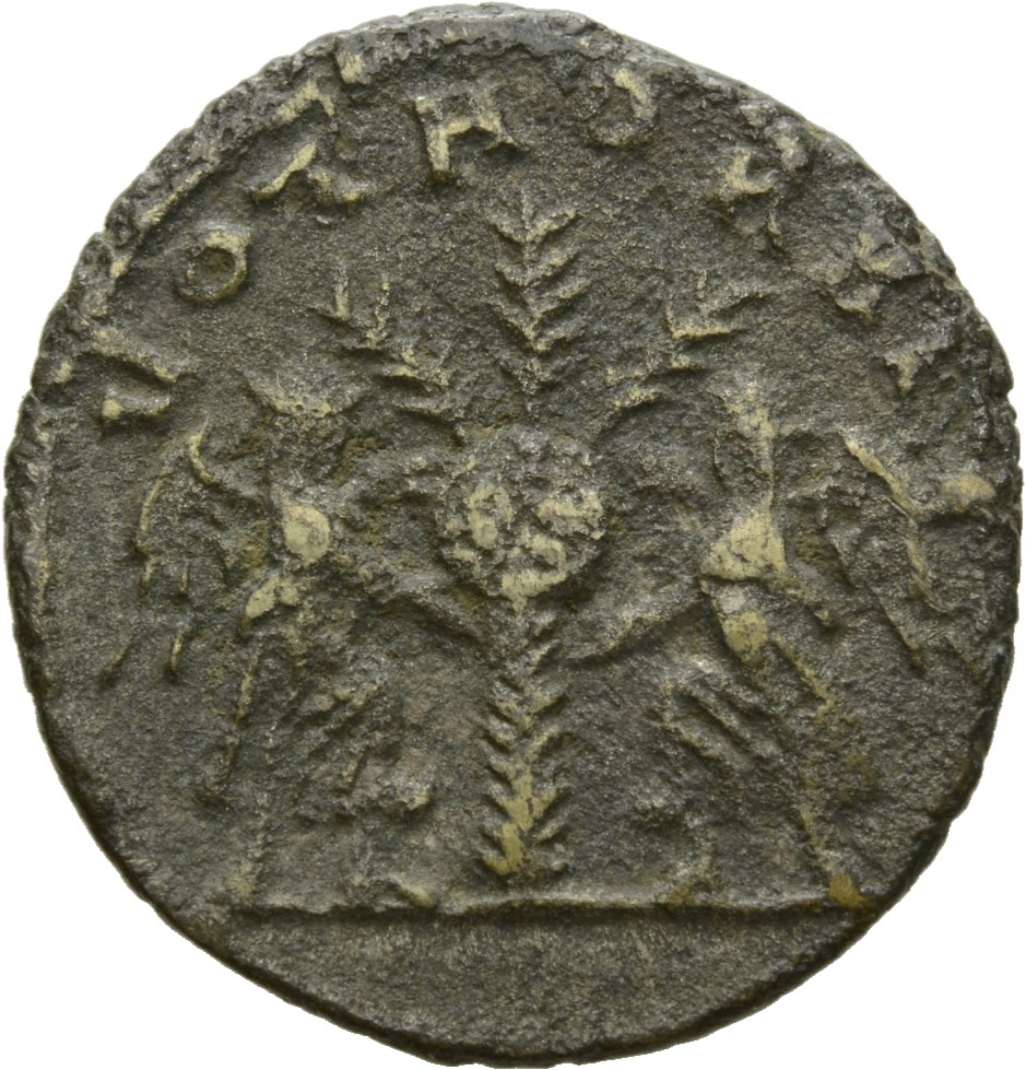 RIC V Valerian 295a Valerian reverse, Two Victories, winged, draped, affixing shield inscribed S C onto palm-tree