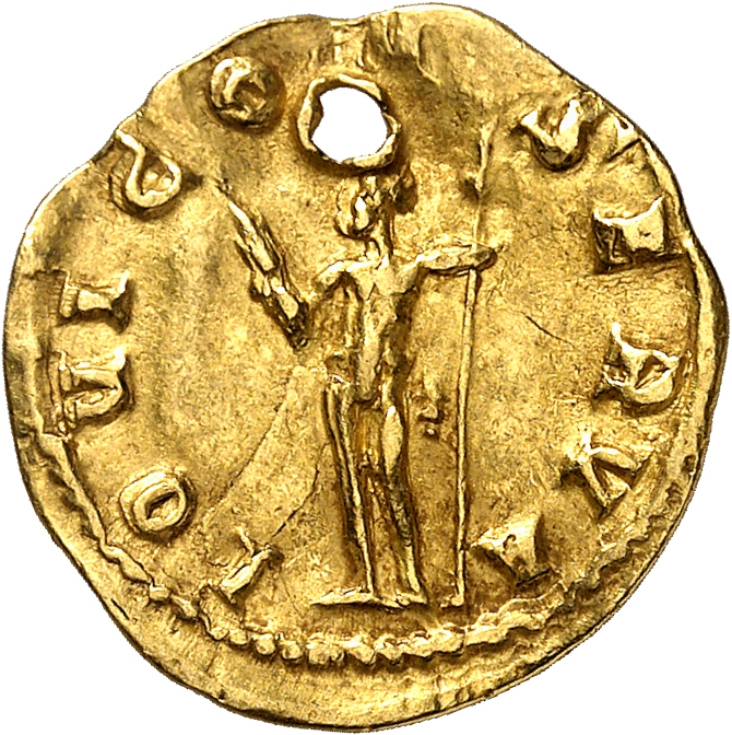 RIC V Valerian 37dB Valerian reverse, Jupiter, nude except for cloak draped over left shoulder, standing left, holding thu...