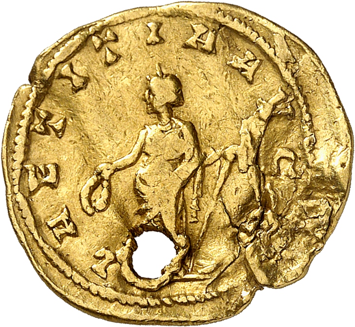 RIC V Valerian 41 Valerian reverse, Laetitia, draped, standing left, holding wreath in right hand and anchor in left hand