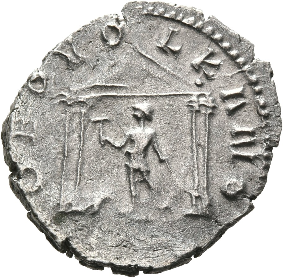 RIC V Valerian 5 Valerian reverse, Vulcan, draped, in temple, holding hammer in right hand and pincers in left hand; somet...
