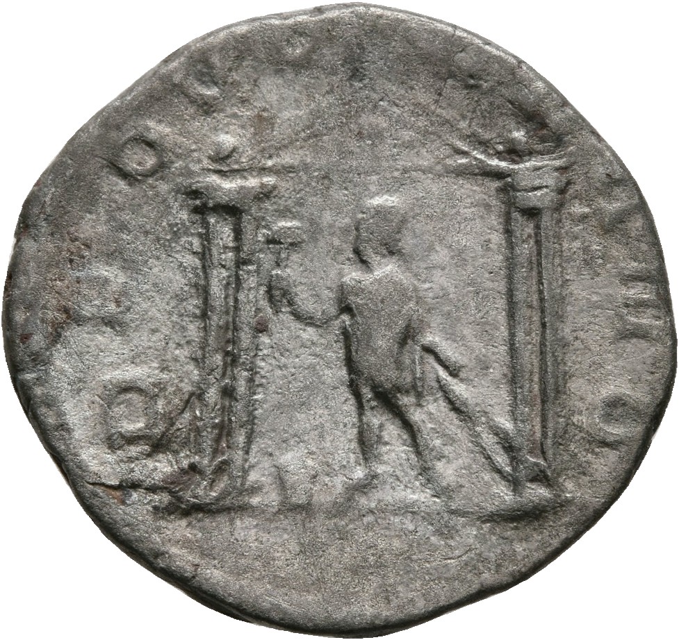 RIC V Valerian 5 Valerian reverse, Vulcan, draped, in temple, holding hammer in right hand and pincers in left hand; somet...